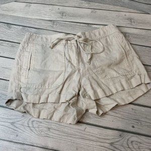 Ann Taylor Loft Womens Shorts Pull On Linen Small Tan Drawstring Mid Rise Pocket